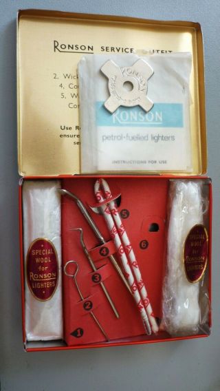 Vintage Ronson Service Outfit Tin.  Cotton Wool,  Wick Tools,  Brush,  Screwdriver Etc