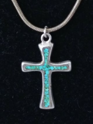 Vtg Native American Navajo Sterling Silver Turquoise Inlay Cross Pendant 9.  1g
