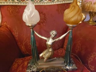 Spectacular Exquisite Art Deco Double Flame Spelter Figural Lamp.  Very Rare.