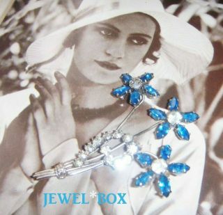 Earlier Vintage Sapphire Marquise Crystal Diamond Rhinestone Wired Flower Brooch