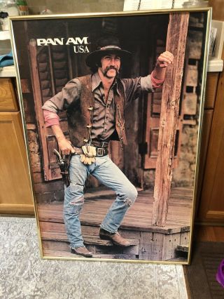 Pan Am Airways Airlines Usa 1978 Vintage Travel Framed Poster 28x42 Rare Cowboy