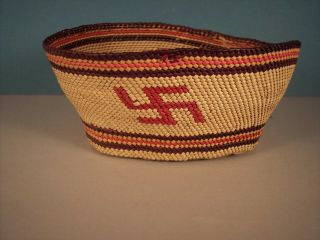 Antique Coast Salish Twined Basket With Whirling Logs & Duck Designs,  1910.