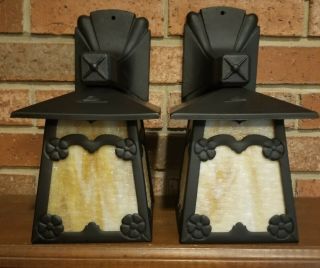 Antique Arts & Crafts Cast Iron Porch Lights Sconces Lincoln Pair