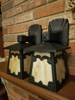 Antique Arts & Crafts Cast Iron Porch Lights Sconces Lincoln pair 3