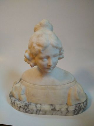 Old Antique Alabaster Marble Bust Of A Young Woman 10 " Hair Up In Bun.