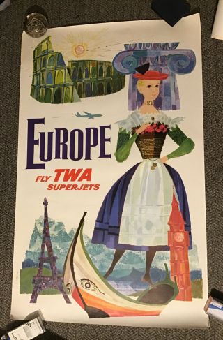 Vintage 1960s Travel Poster Fly Twa Superjets Europe By David Klein 24 1/2 × 40 "