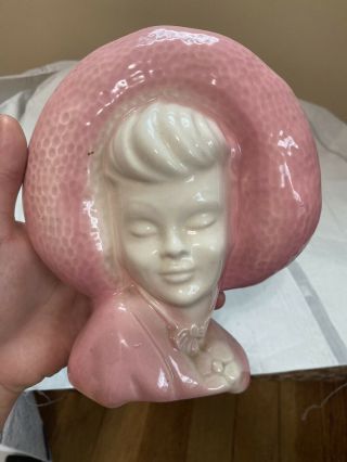 Vintage Unique Glamour Girl Lady Head Vase Pink And White Prairie Girl W/ Hat
