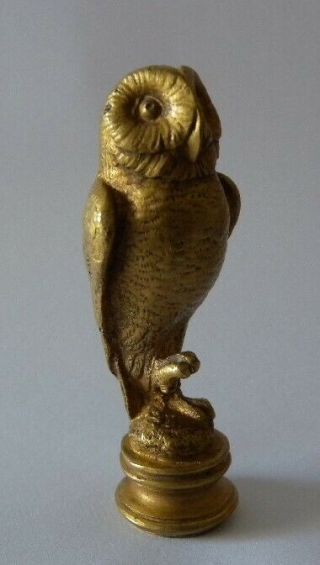Antique Gilt Bronze Wax Seal Desk Stamp With Owl / Artist Signed / France 19th C