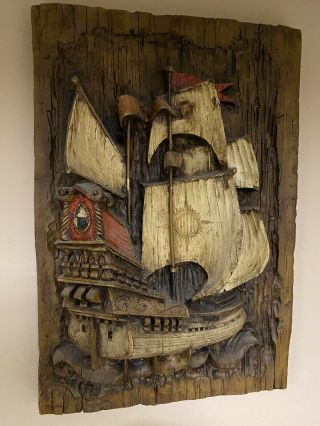 Vintage 1970’s 3d Tall Clipper Ship Carved Wood Picture 30 " X 20 Tall Ship