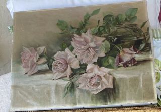 Antique Victorian Pink Rose Roses Floral Still Life Oil Painting