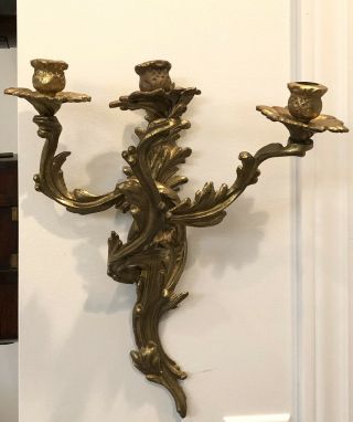 Pair Spanish Antique Brass Bronze Gilt Louis Xv Rococo Three - Light Wall Sconces