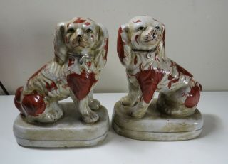 Antique Staffordshire Spaniel Dog Figurines - Set Of 2 - Left & Right Facing