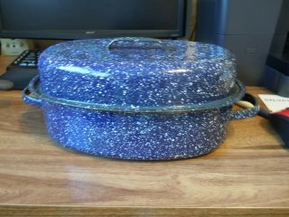 Vintage Small Blue Speckled Enamel Roaster Roasting Pan W/ Lid 11 " L X 7 " W
