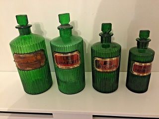 Antique Apothecary Chemist Bottles Green Ribbed Glass With Stoppers