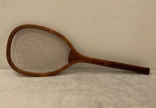 Rare Antique Transitional Flat Top Wood Tennis Racket Checkered Handle