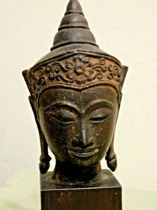 Great Antique 17th/18th C.  Thai Crowned Ayutthaya Iron Buddha On Wood Pedestal
