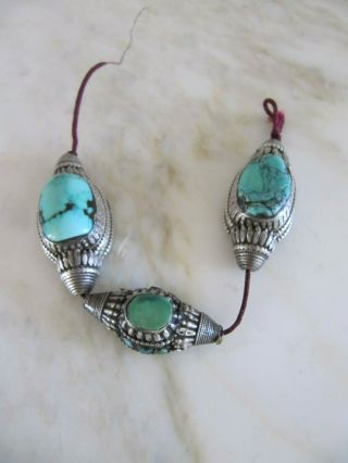 3 Antique 19th Century Tibetan Silver & Turquoise Stones Hair Beads Pendants