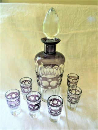 Antique Crystal Amethyst Cut To Clear Czech Bohemian Decanter Set,  6 Glasses Exc