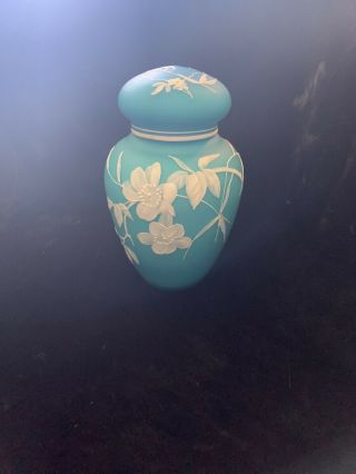 Antique Thomas Webb & Sons Blue Opaline Cameo Glass Ginger Jar Floral 5.  5” Euc