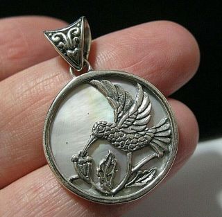 Vintage Style Sterling Silver Real Mother Of Pearl Hummingbird Necklace Pendant