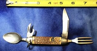 Vintage Pocket Knife Camping Survival Spoon Fork Scissor Multi - Tool Made Usa