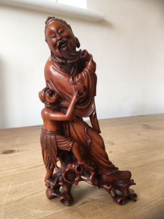 9.  5 " Fine Antique Chinese Japanese Wooden Carving - Man And Demon Carved Wood