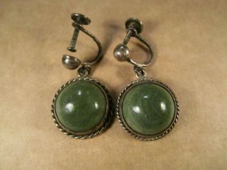 Vtg Mexico Sterling Silver & Green Onyx Screwback Earrings,  Signed Tc,  8.  9g