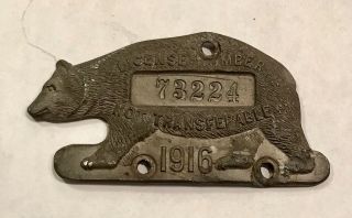 Antique 1916 California Bear License Plate 73224 Tag
