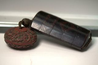 Inr25 Japanese Antique Wooden Black Lacquer Inro Netsuke Copper Ojime