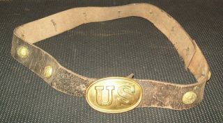 Antique Civil War Us Oval Belt Buckle W/ Leather & 11 State Buttons