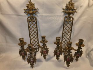 Antique Brass Wall Sconces X2 3 Candle With Ceramic Picture Insert Heavy