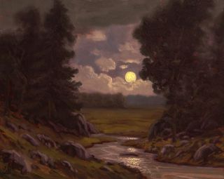 Tonalist Moonlit Moonlight Antique Style Landscape Painting Max Cole