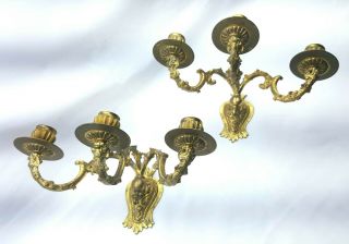 Pair Ormolu Wall Candle Sconces,  3 Arm Gilt Brass Decorative Lights French Style