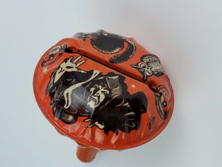 Vintage Us Metal Halloween Noisemaker Rattle Toy Orange Witch Cat Owl Usa Made