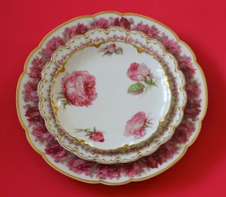 Antique Haviland Limoges Plates Large Drop Pink Roses Double Gold