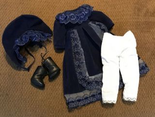 Vtg Doll Dress Clothes Blue Velvet Dress Bonnet Boots For 15” Doll Pantaloons