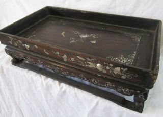 Antique Chinese Inlaid Mother Of Pearl Carved Hardwood Scholars Tray