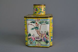 Chinese Canton Enamel Square Tea Caddy