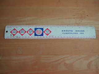 Vintage " Kroets Drugs " Cumberland Indiana Metal Ruler With Advertising