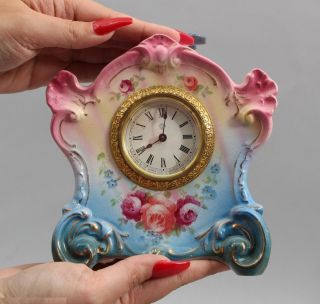 Miniature Antique Victorian Ansonia Royal Bonn Alert Painted Porcelain Clock Nr
