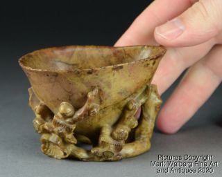 Chinese Carved Soapstone Libation Cup,  Cherry Blossom,  Qing Dynasty,  18/19th C.