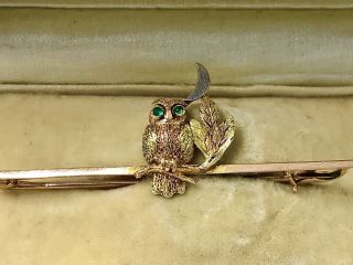 Antique Gold Owl With Emerald Eyes Under The Silver Moon Pin Brooch