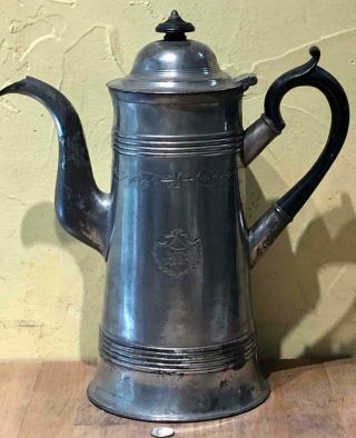 Antique American Pewter Bright Cut Engraved Coffeepot,  Probably I.  Trask