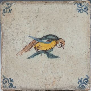 Dutch Delft Polychrome Bird Tile,  Mid 17th.  Century.