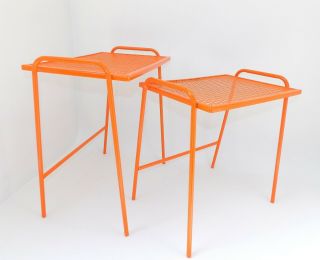 Orange Mid Century Modern Salterini Nesting Tables Metal Wire Patio