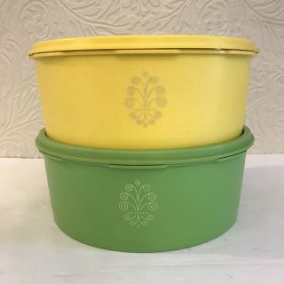 2 Vtg Tupperware Round Servalier Bright Yellow & Green Canisters,  Lids Retired
