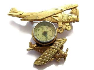 Vintage Charles Lindbergh Spirit Of St Louis Airplane & Compass Brooch Pin
