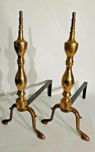 Antique Solid Brass Queen Anne Federal Cabriolet Leg Fire Place Andirons Dogs