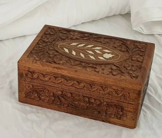 Vtg Indian Carved Wood Shell Inlay Box Jewellery Trinket Tarot Affirmation Card