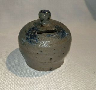 Antique 1800’s Salt Glaze Stoneware North American Jug Bank Cobalt Deco (366)